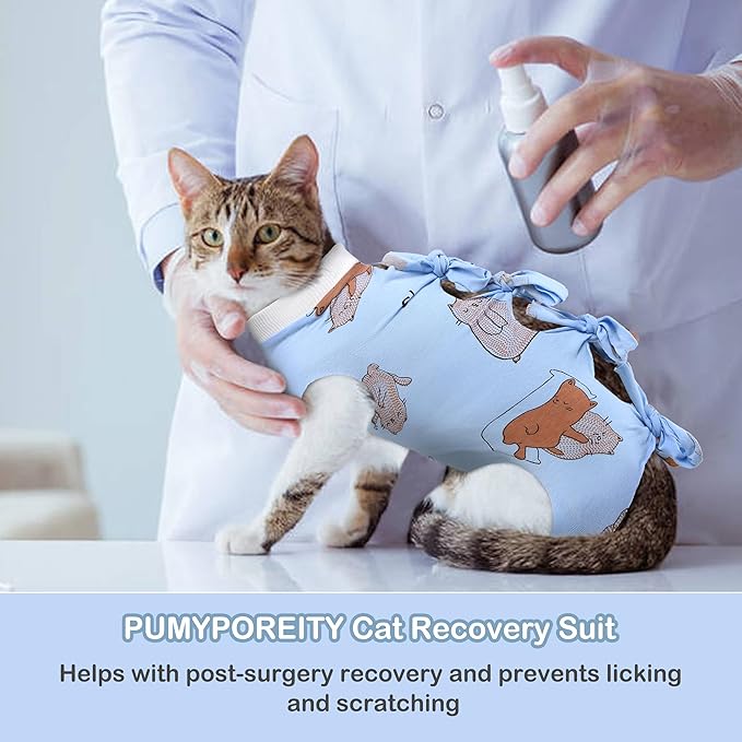 PUMYPOREITY Cat Recovery Suit After Surgery, Onesie for Neutered/Abdominal Wound/Skin Damage/Weaning, Female Kitten Surgical Suit, S, Blue