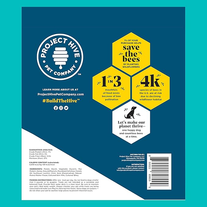 PROJECT HIVE ·PET COMPANY· Dental Chew Treats for Dogs, 9 oz, Large (M/L) – Peanut Flavor, Beehive-Shaped Dental Treats, Cleans Teeth & Freshens Breath, Vegetarian Recipe with Honey, No Grain or Soy