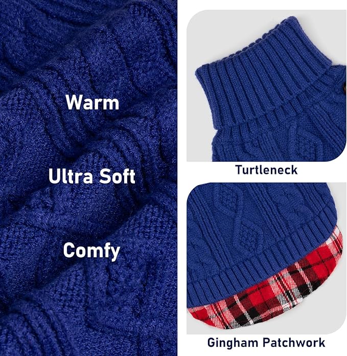 KYEESE Dog Sweater Comfy Pet Coat for Fall Winter Cold Weather Stretchy Knitwear Cat Clothes Warm Turtleneck Small Dogs Sweater with Gingham Patchwork Soft Pullover Dog Sweaters for Small Dogs Girl