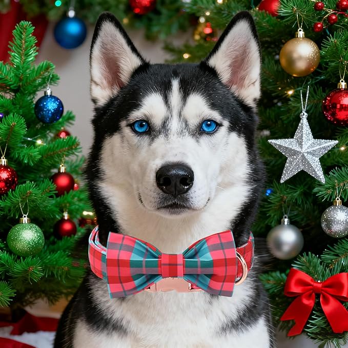 Unique Style Paws Christmas Dog Collar with Bow Red Green Grid Cotton Puppy Collars for Small Medium Large Dogs