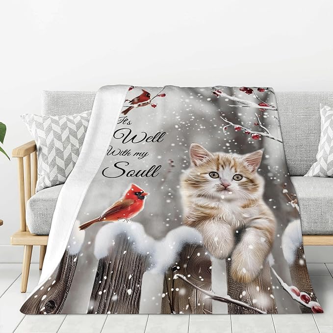 Cardinal Cat Blanket Christmas Decor Throw Blankets Cozy Fleece Flannel Soft Warm Plush Lightweight Bedding Blanket Cat Gifts for Women Cat Lover Men Adults Girls Boys for Couch Sofa Bed 50"X60"