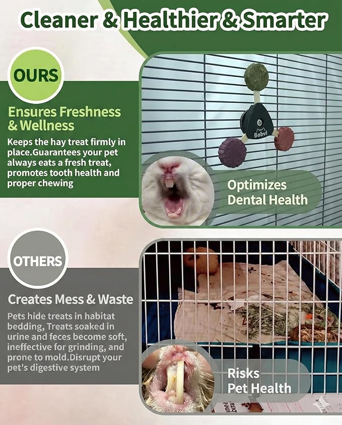 Aluminum Rotating Chew Toy with 4-Flavor Timothy Hay Cakes | Pet Dental Health Toy | Cage Hanging Toy for Rabbits, Guinea Pigs, Hamsters, Chinchillas (Black)