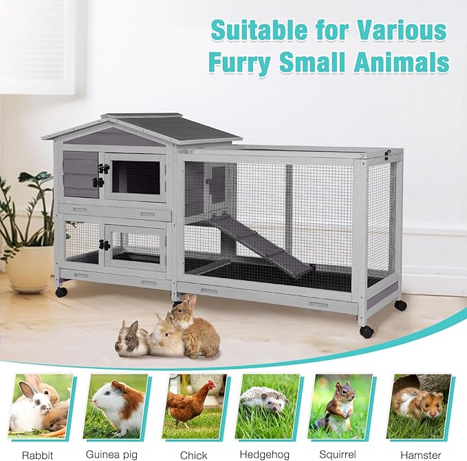 Suumerpety 62" Rabbit Hutch with Chew-Proof Ramp & Waterproof Roof - Indoor/Outdoor Bunny Cage, 2-Story Design, 6 Lockable Caster Wheels & Dual Pull-Out Trays (Grey)