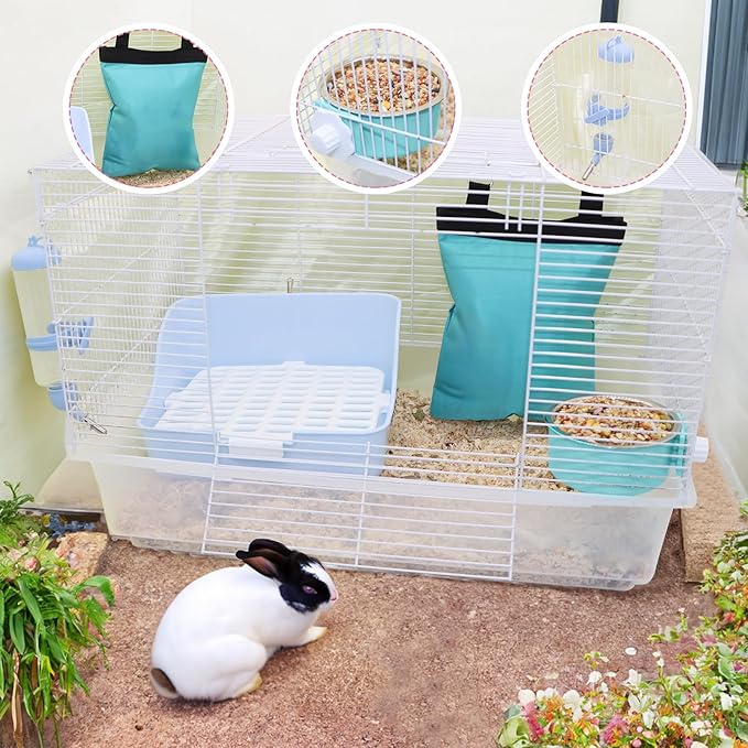 Rabbit Litter Box Trainer with Hay Feeder Hanging Bowls Water Dispenser for Cage Drawer Pan Litter Bedding Small Animal Pet Toilet Bunny Guinea Pigs Chinchilla Ferret Small Animals Blue
