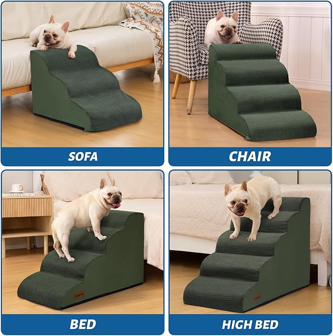 Dog Steps for Bed, 4-Step Dog Stairs Ramp for Small Dogs and Cats, Indoor Non-Slip Pet Stairs Suitable for Older, Short-Legged, and Puppy Dogs to Climb Onto High Beds and Couch, 17.4" H,Green