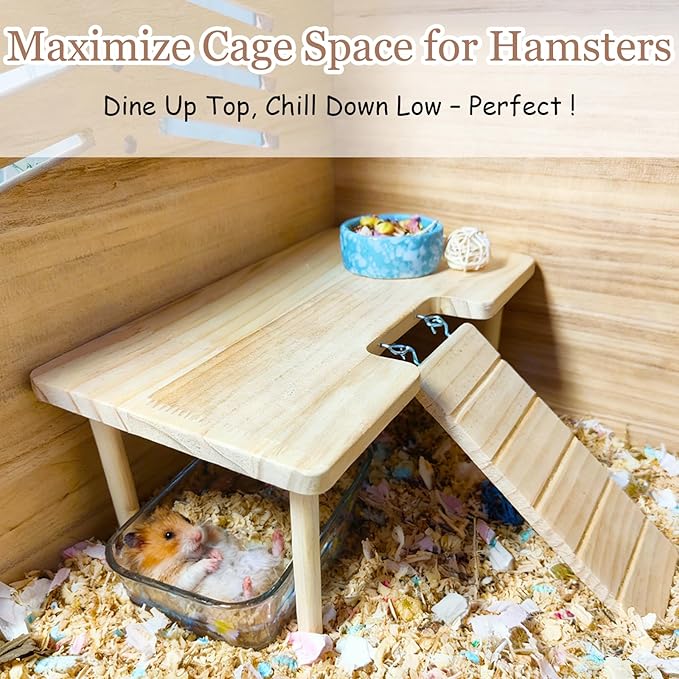 Wooden Hamster Platform with Ladder Rat Climbing Activity Playground Platform Cage Accessories Decor for Dwarf Syrian Hamster Gerbil Rat Mice (Middle)