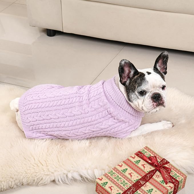 2 Pack Dog Sweaters for Medium Dogs Winter Turtleneck Pullover Cable Knit Fleece Stretch Frenchie Dachshund Pug Corgi Beagle Boy Girl Pet Clothes (M, Pink & Purple)