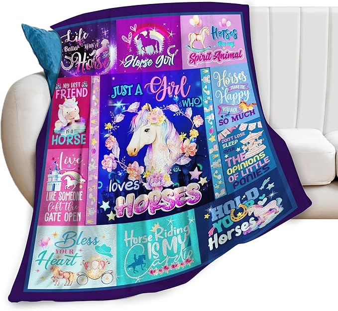 SweetFox Just A Girl Who Loves Horses Blanket, Horse Decor Throw Blanket Gifts for Girls Boys Lovers Super Warm Soft Plush Fleece Flannel Winter Bedding Blankets for Kids Adults Men Women 50"X40"