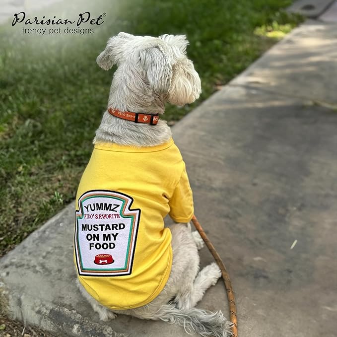 Parisian Pet Dog Costume - 100% Cotton Yellow Dog Clothes for Small Dogs - Lightweight Puppy Outfits - Funny Chihuahua Clothes - Sleeved Mustard Shirt for Dogs - Stretchy and Stylish Pet Costume