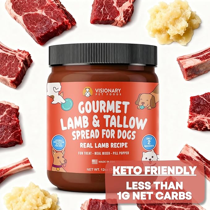 Visionary Pet Foods Lamb and Tallow Meat Spread - Healthy Dog Treat - Alternative to Dog Peanut Butter, Xylitol Free, No Sugar and Filler Free - Use on Lick Mat, Food Mixer, Pill Pockets - 12oz Jar