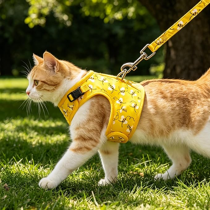 Cat Harness with Leash and Collar for Walking - Escape Proof with 59 Inches Leash - Adjustable Soft Vest Harnesses for Medium Large Cats Bee