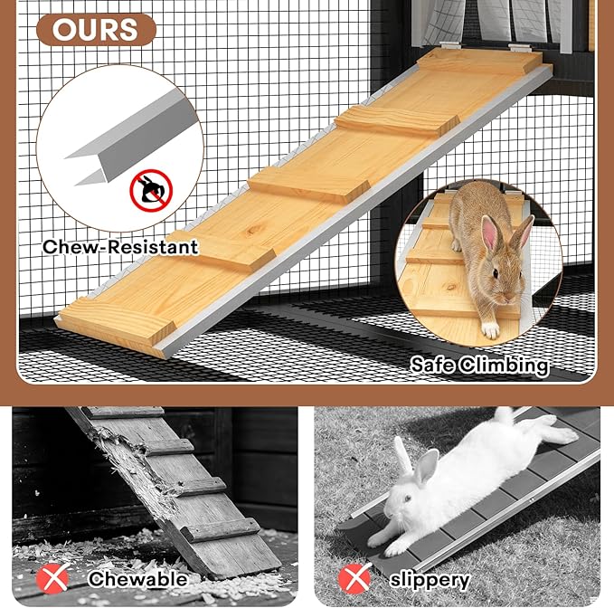 TIMHAKA 2-Story Rabbit Cage with Wheels, Bunny Hutch w/Chew-Proof Ramp, Indoor Outdoor Bunny Cage w/Leak-Proof Trays and Openable Waterproof Roof for Rabbits, Guinea Pig, Small Animal Yellow