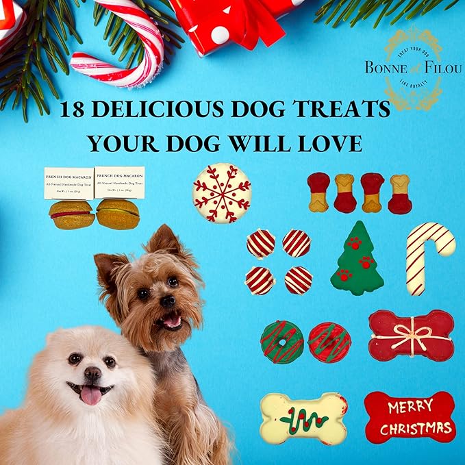 Bonne et Filou Christmas Dog Treats, Luxury Gourmet Gift Box, 18 Hand Designed Macarons, Truffles & Bone Cookies, Perfect Holiday Snack for Medium to Large Dogs