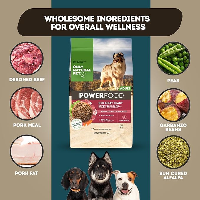 Only Natural Pet Dry Dog Food Canine PowerFood Formula - Paleo Inspired Formula with No Grain, Soy, Corn, Wheat or Oats - Red Meat Feast 20 lb Bag