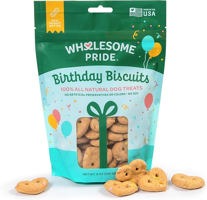 Wholesome Pride Birthday Biscuits Dog Treats, Real Peanut Butter, All Natural, No Artificial Preservatives or Colors, Crunchy Heart-Shaped Snacks, 8 oz Bag, Made in USA