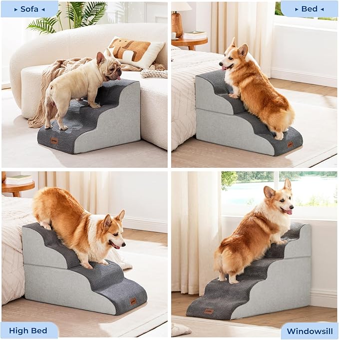 ZOMISIA Dog Stairs for Small Dogs - Pet Stairs for Couch and Bed, 35D Foam Dog Steps Ramp with Non-Slip Bottom Brown, 3 Steps