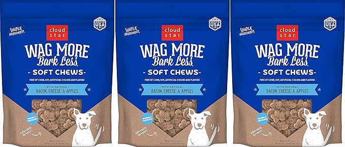 Cloud Star 3 Pack of Wag More Bark Less Soft Chews Dog Treats, 5 Ounces Each, with Bacon, Cheese and Apples