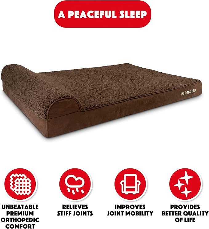 The Dog’s Bed Orthopedic Memory Foam Dog Bed with Headrest, Calming Surface – CertiPUR-Certified Foam, Plush Fabric, Brown Plush, XXL, 4-Inch