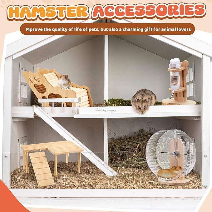 6 Pcs Hamster Toys Set, Maze Wood House, Climbing Ladder Wooden Bridge Tunnel Toy Platform Silent Exercise Running Wheels and Water Bottle Set for Rat Guinea Pig Habitat Cage(Basic)
