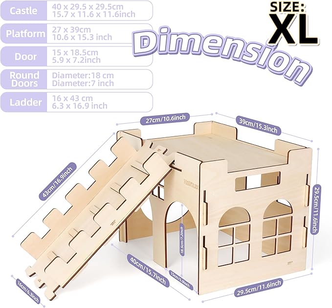 HIIMALEX Extra Large Sturdy Bunny Hideout Wooden Rabbit Castle with Ramp Indoor House Habitat for Rabbits Hamsters Guinea Pigs Ferrets Bunnies