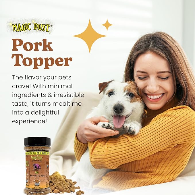 Wild Meadow Farms - Magic Dust Pork Jerky Topper, Single Protein Pet Food Topper for Dogs & Cats, Enhance Flavor & Elevate Mealtime Excitement for Picky Eaters - 8 Ounce Bottle in Pork Flavor