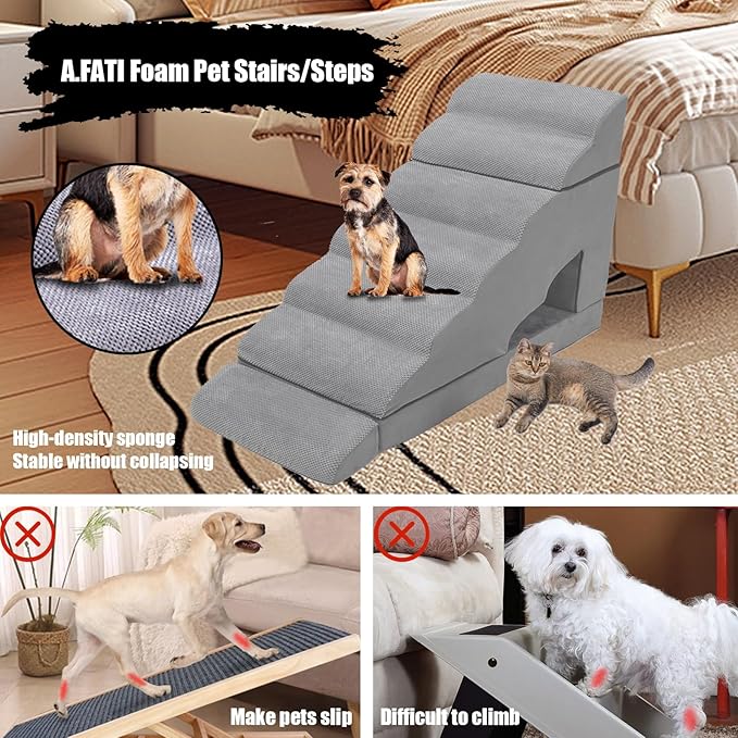 33" H Dog Stairs for High Beds 20-42 Inch Couch Bed, 7-Step Pet Stairs for Small Old Medium Large Dogs, Extra Wide Dog Ramp with Machine Washable Cover Indoor, 33D Foam Balanced 7-Tier Ladder for Bed