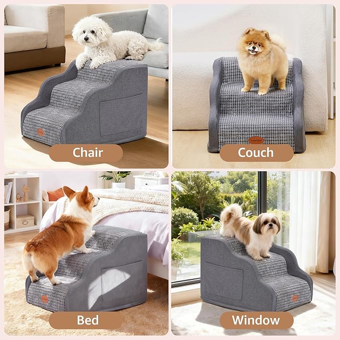Woochpet 15.7”H Ramp Dog Stairs for Small Dogs, Side Armrest 3 Tier Wider Curved Pet Stairs for Couch and Beds，High-Density Foam Indoor Dog Steps with Non-Slip Bottom and Washable Cover for Old Cats