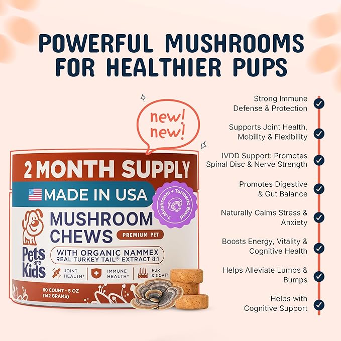 Pets are Kids Turkey Tail Mushroom for Dogs with Organic Real Turkey Tail™ - 8:1 Extract Mushroom Chews for Lumps & Bumps, Immunity, Gut, Skin, Joint & Spine Support - Reishi, Lion’s Mane - 60 Chews
