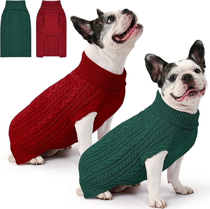 2 Pack Dog Sweaters for Medium Dogs Winter Turtleneck Pullover Cable Knit Fleece Stretch Frenchie Dachshund Pug Corgi Beagle Boy Girl Pet Clothes (M, Red & Green)