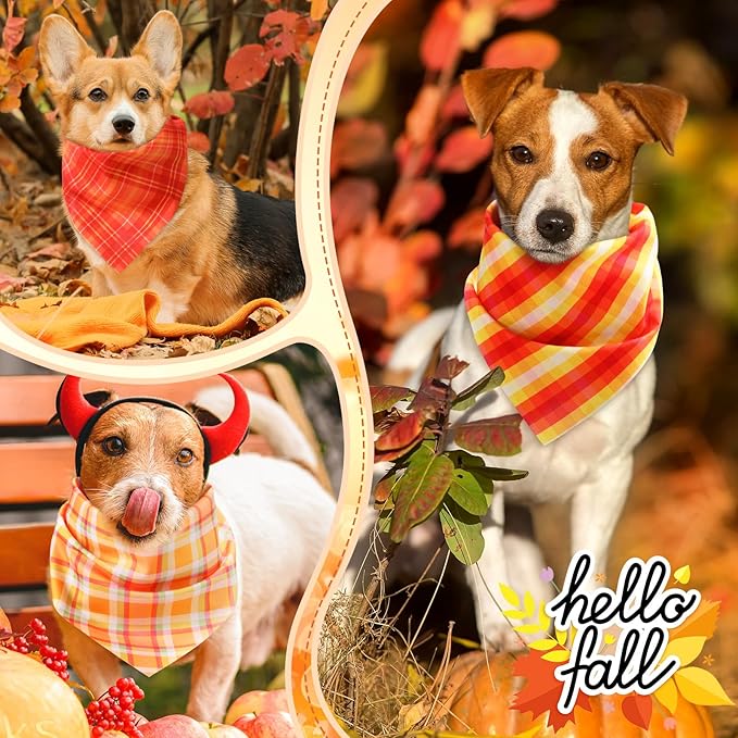 Weewooday 50 Pcs Thanksgiving Fall Dog Bandanas Bulk Plaid Bandanas for Dogs Autumn Soft Doggie Bibs Triangle Scarves for Small Medium Large Pet Costume(Plaid Pattern, 25.6 x 17.7 x 17.7 Inch)