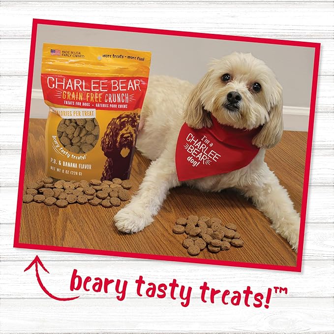 Charlee Bear Crunchy Dog Training Treats, Low Calorie (3 Kcal), Grain Free Natural Mini Dog Treats for Puppies, Small, Medium & Large Dogs, USA Made, Healthy Peanut Butter-Banana Flavor 8oz (4-Pack)