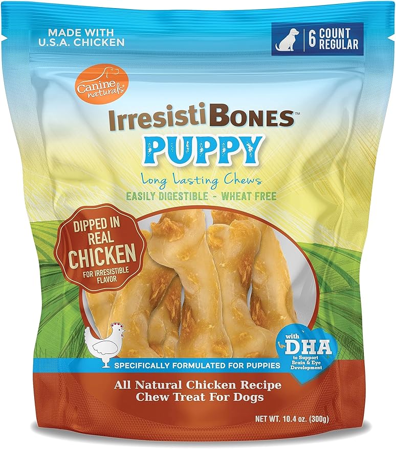 Canine Naturals IrresistiBONES Long Lasting Puppy Chicken and Rice Chew - Made with USA Chicken - All Natural - Added DHA for Healthy Growth - 6 Pack