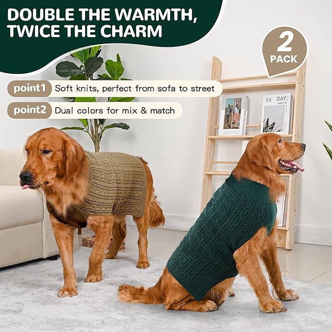 2 Pack Dog Sweaters for Large Dogs Winter Turtleneck Pullover Cable Knit Fleece Stretch Pitbull Labrador Golden Retriever Doberman Bulldog Boy Girl Pet Clothes (XL, Green & Brown)