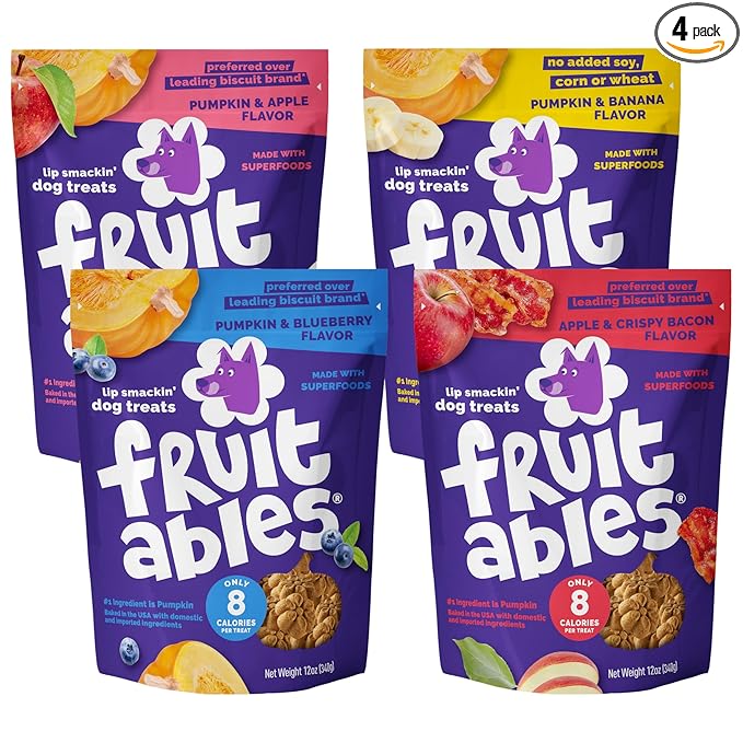 Fruitables Crunchy Dog Treats, (4) 12oz bag Variety Pack (Apple/Bacon, Pumpkin/Blueberry, Pumpkin/Banana, and Pumpkin/Apple)