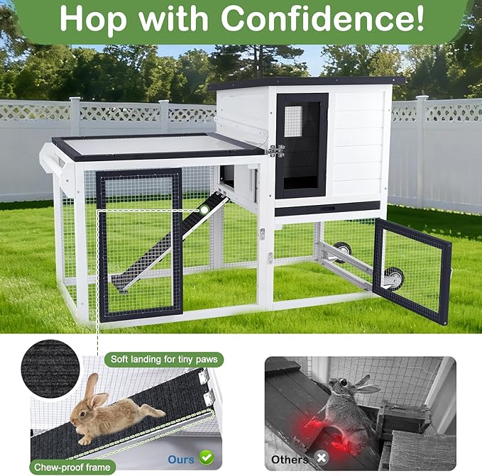 Bunny Hutch Outdoor with Chew-Proof Aluminum Frame 2-Story Indoor Rabbit Hutch Wooden with Wheels and Slide-Out Tray