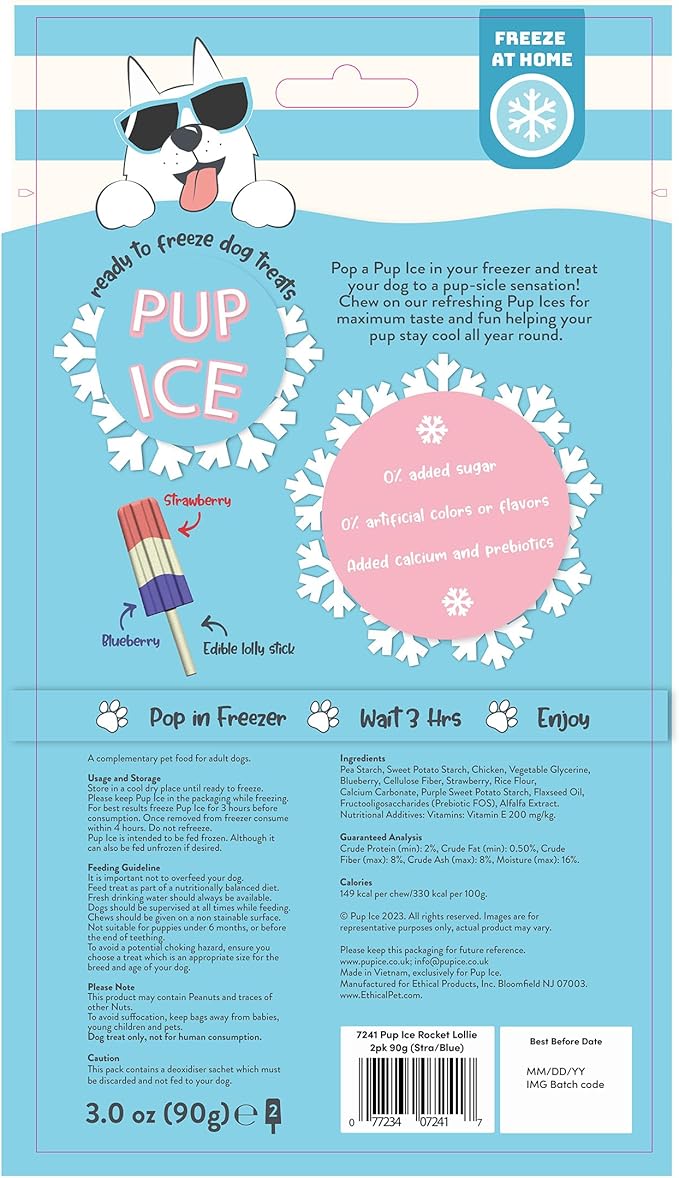 SPOT Pup Ice- Ready to Freeze at Home Dog Treats-Edible Chews for Medium Breed Dogs & Puppies with Real Chicken to Keep Your Pup Cool Year Round, Rocket Lollies Strawberry & Blueberry Flavor, 2pcs