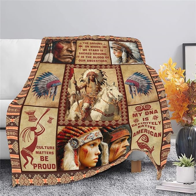 Native American Throw Blanket Indian Southwest Native American Cacique Stuff Gifts for Adults Women Men Soft Cozy Warm Plush Fluffy Fuzzy Fleece Blanket Decor 50''X60''
