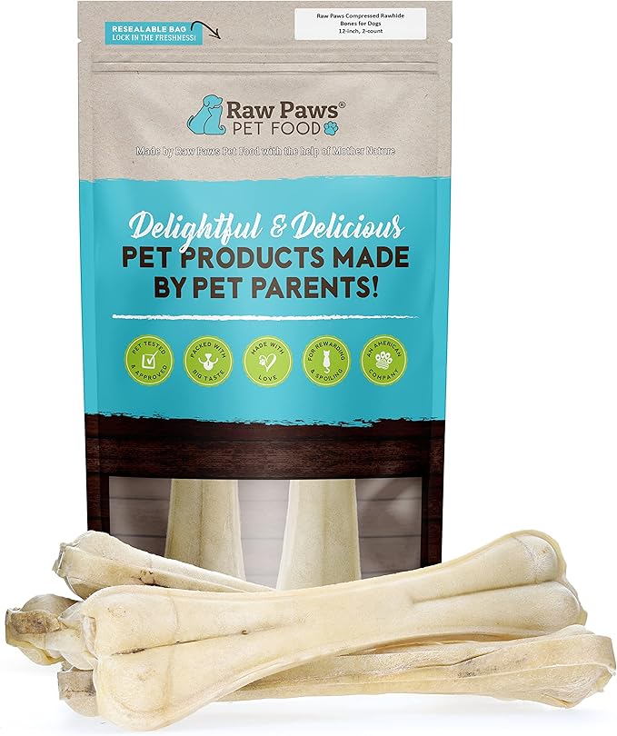 Raw Paws Compressed Rawhide Bones - 12-inch, 2-ct Pack - USA Made - Large Dog Chews