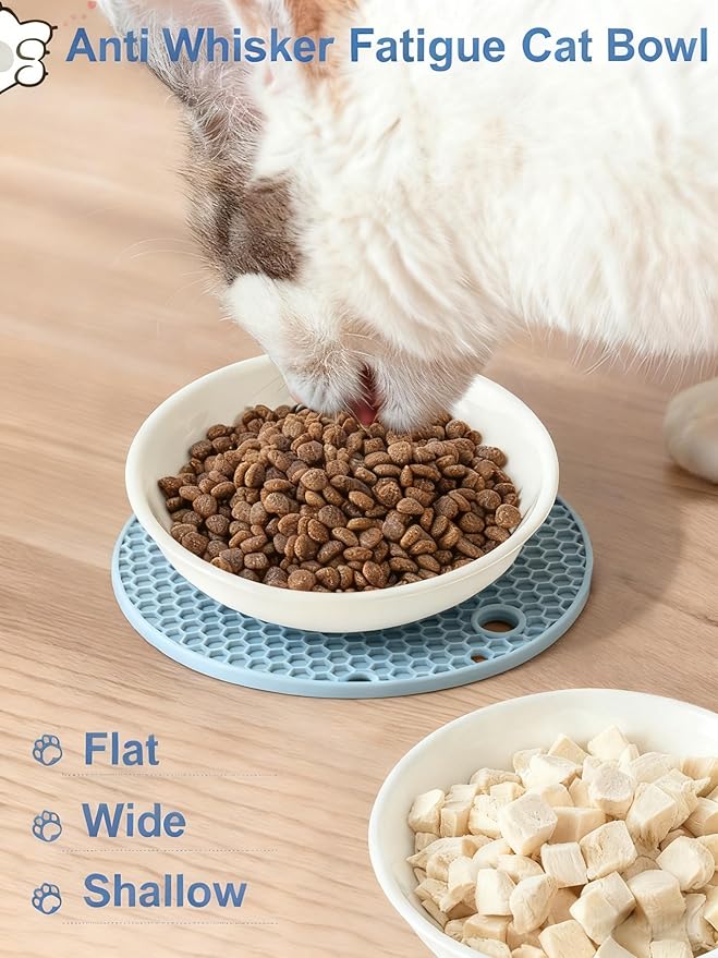 Ceramic Cat Bowl Whisker Friendly – Wide Shallow Cat Food Dish with Non-Slip Base, Dishwasher Safe Feeding Bowl for Indoor Cats