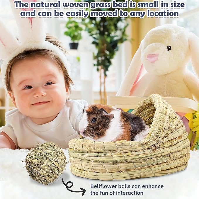 kathson Guinea Pig Grass House Guinea Pig Hideout Bunny Woven Hay Bed Hand Woven Natural Grass House for Hamster Bunny and Small Animals with Hay Chew Balls Toys(Small)