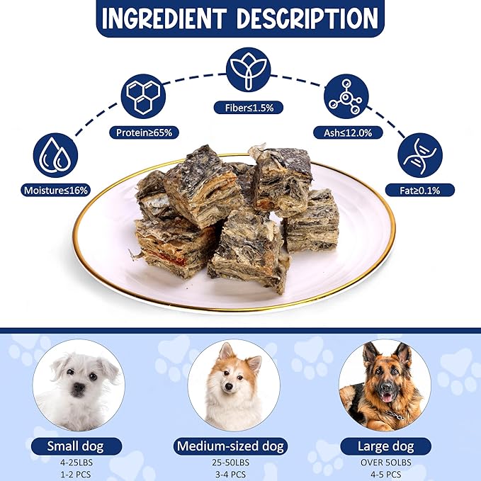Natural Cod Skins for Dogs - Single Ingredient Dog Treats, Grain Free & Hypoallergenic - Dental Chews for Teeth Cleaning & Fresh Breath - Rich in Omega-3 for Skin & Coat Health (Cube 2.8 oz)