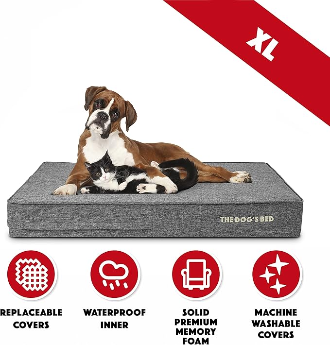 The Dog’s Bed Orthopedic Memory Foam Dog Bed for XL Dogs, Waterproof Washable Cover, Anti-Slip Base, Calming Surface – CertiPUR-Certified Foam, Grey Linen, 6 Inch Thick