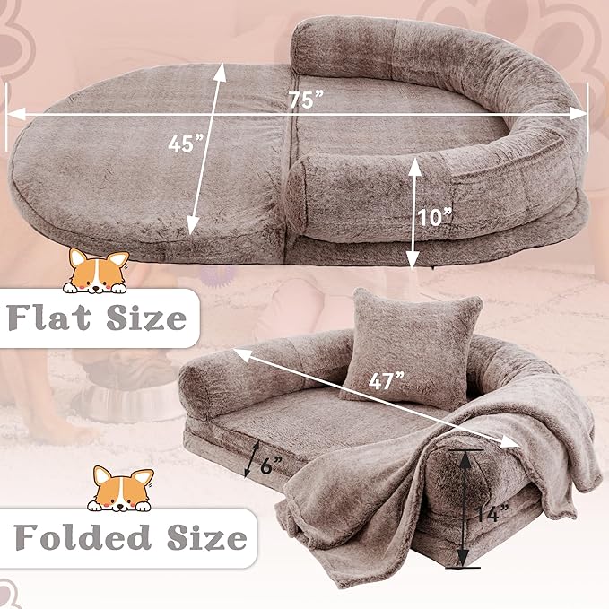 2 in 1 Foldable Human & Dog Bed, 72"x48"x11" Extra Large Orthopedic Memory Foam Bed for Adults & Pets, Ultimate Comfort Washable Fur & Blanket, Brown