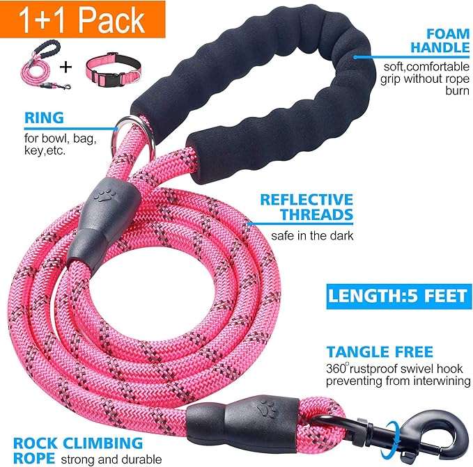 Reflective Dog Collar Padded with Soft Neoprene Breathable Adjustable Nylon Dog Collars for Small Medium Large Dogs (Small (Pack of 1), Pink Collar+Leash)