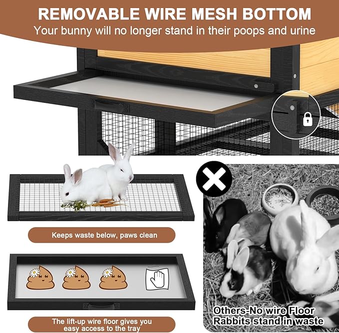 TIMHAKA 2-Story Rabbit Cage with Wheels, Bunny Hutch w/Chew-Proof Ramp, Indoor Outdoor Bunny Cage w/Leak-Proof Trays and Openable Waterproof Roof for Rabbits, Guinea Pig, Small Animal Yellow
