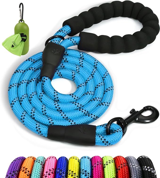 Taglory Rope Dog Leash 5 FT with Comfortable Padded Handle, Highly Reflective Threads Leash and Anti-Tangle Clip for Walking Medium Large Dogs, 1/2 inch, Blue