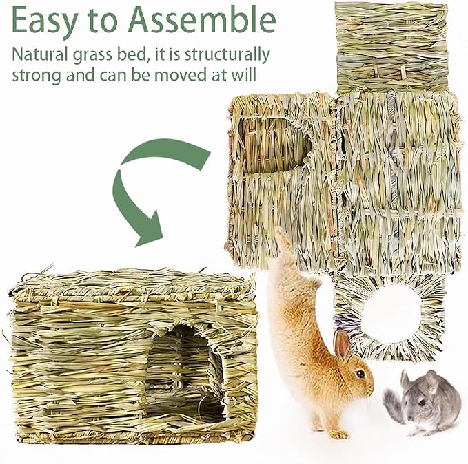 WUWEOT 2 Pack Large Grass Bunny House, Foldable Rabbit Hut, Play Hideaway Bed Hay Mat Chew Toy for Rabbit, Guinea Pigs, Gerbils, Hamster and Small Animals, 11"x8"x8"