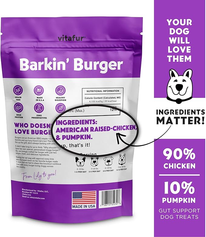 Barkin Burger - Only 2 Premium Ingredients. All Natural Dog Treats - Grain Free, Free from Fillers and Preservatives - Perfect for Sensitive Stomachs, Made in USA (5oz, Chicken & Pumpkin)