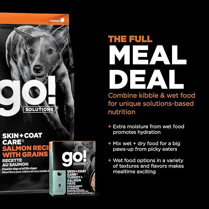Go! Solutions Skin + Coat Care Salmon Dry Dog Food with Grains, Chicken-Free, Healthy Kibble with Omega-3s & 6s for Soft, Shiny Fur, for Puppies, Adults, & Seniors, 3.5 lb Bag