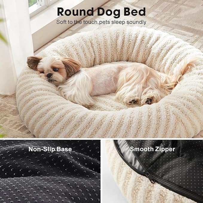MIXJOY Dog Beds Large Sized Dogs, Washable Dogs Bed with Removable Cover, Cozy Donut Dog Ded Fluffy Plush Faux Fur Pet Bed with Anti-Slip Bottom, 36"x36"x10", White